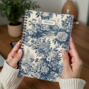 Vintage blomstergrej Blå toile de jouy monogram Anteckningsbok
