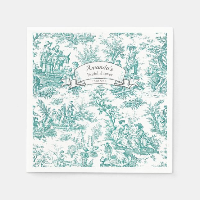 Vintage blomstergul turkos toile de jouy pappersservett (Framsidan)