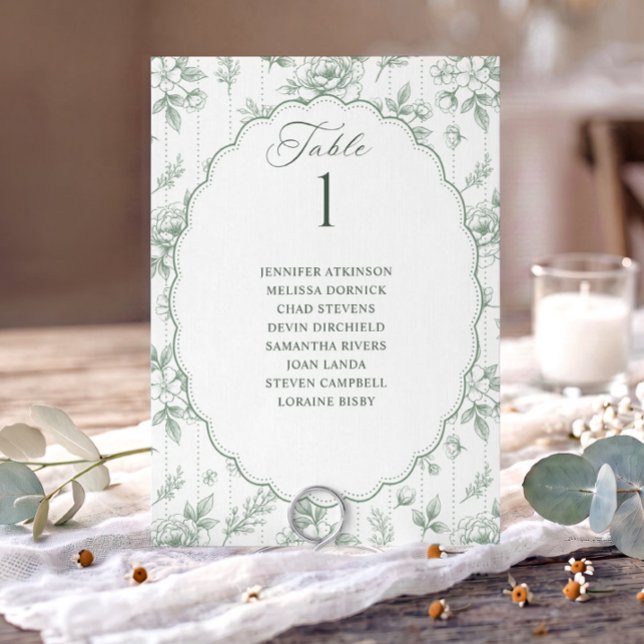 Vintage blomstergulgrön bröllopsställningskarta (Sage green French floral wedding seating chart card with oval scalloped frame and guest names.)