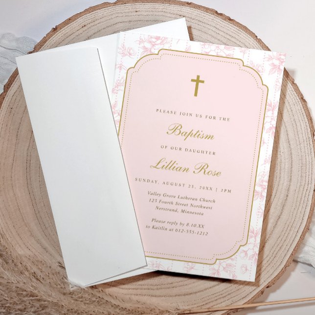 Vintage blomstergutnåldop för flicka inbjudningar (Elegant French floral pink baptism invitation with Victorian frame.)