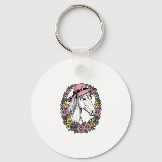 Vintage blomsterhästporträtt vektor konst design nyckelring (Framsida)