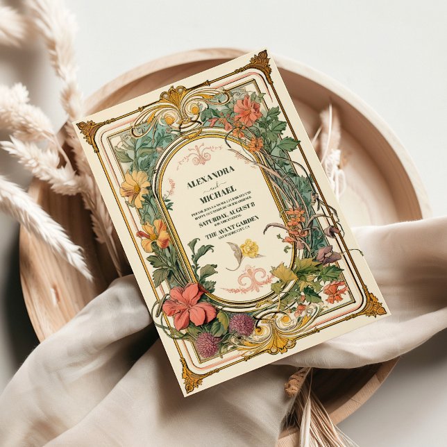 Vintage blomsterkonst Art Nouveau bröllop Inbjudningar (Vintage Floral Art Nouveau Wedding Invitation)