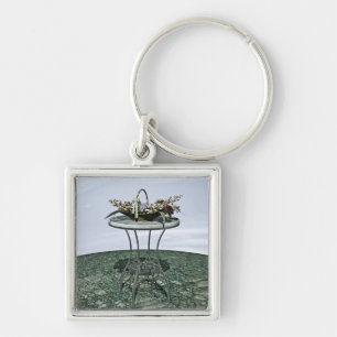 Vintage blomsterkorg fyrkantig silverfärgad nyckelring