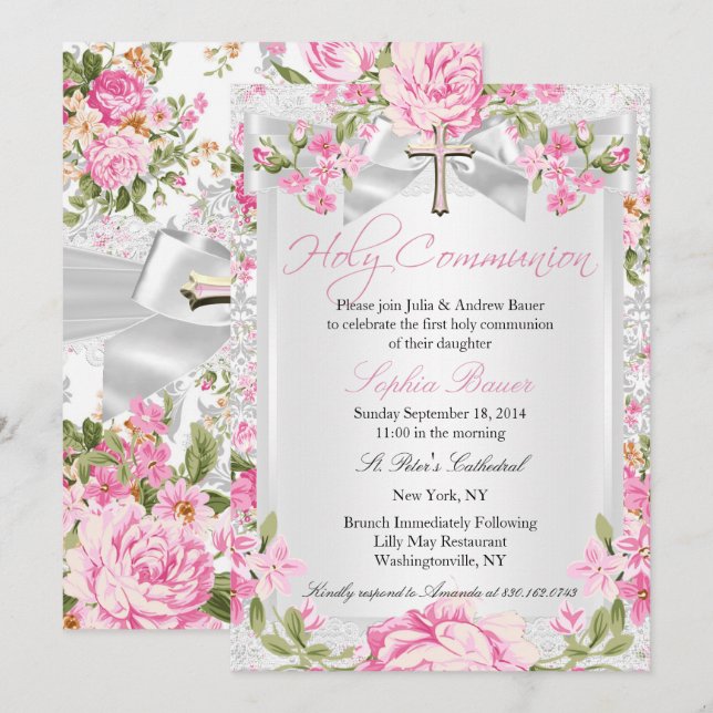 Vintage blomsterkors första kommunion rosa inbjudningar (Fram/baksida)