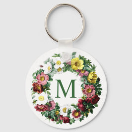 Vintage blomsterkrans monogram nyckelring