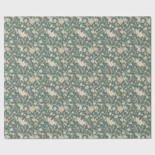 Vintage blomsterliknande presentpapper i sagogrön  (Seam)