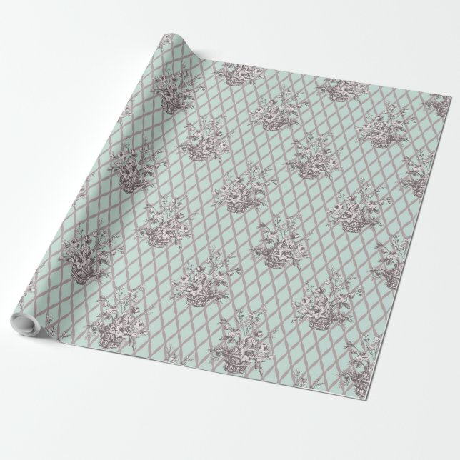 Vintage blomstermönstrad presentpapper i mintblå (Utrullad)