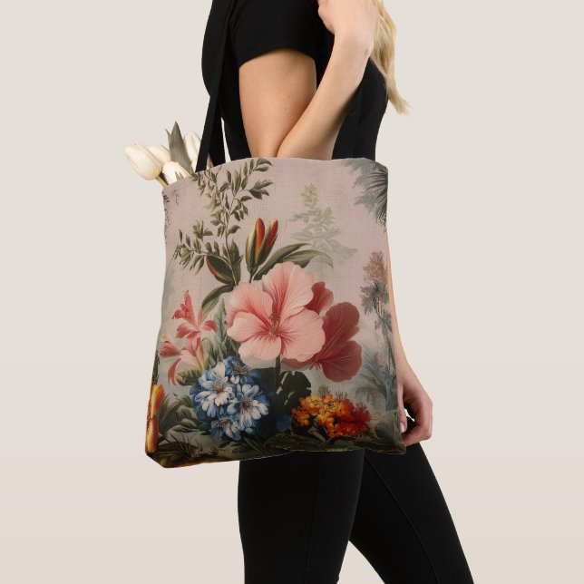 Vintage blomstermotiv med tropiska blommor tygkasse (Närbild)