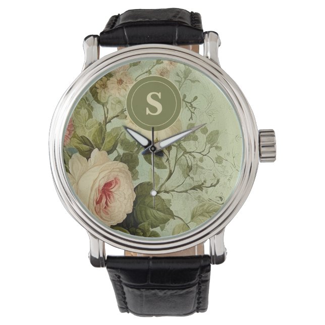 Vintage blomsterros grönska  armbandsur (Framsida)