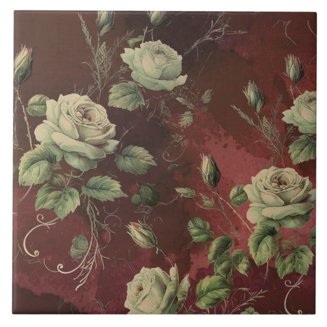 Vintage blomsterros grönska kakelplatta (Framsidan)