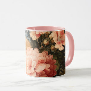 Vintage blomsterstilleben med röda och vita blommo mugg
