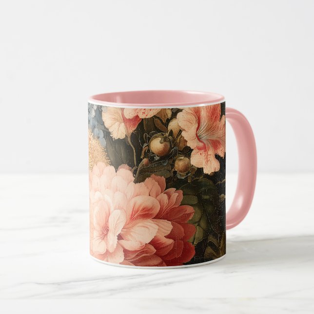 Vintage blomsterstilleben med röda och vita blommo mugg (Framsida höger)