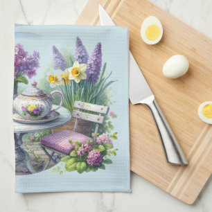 Vintage blomstertepartaj i trädgården kökshandduk