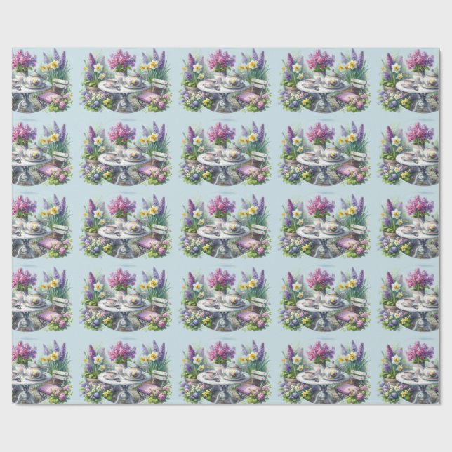 Vintage blomstertepartaj i trädgården presentpapper (Platt)