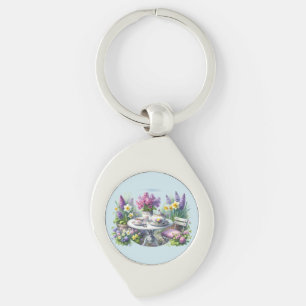 Vintage blomsterteparty i trädgården swirl silverfärgad nyckelring