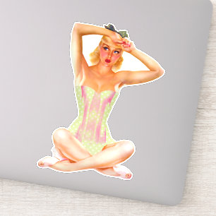Vintage Blonde Pin-up-modell i polka-punktkorset Klistermärken