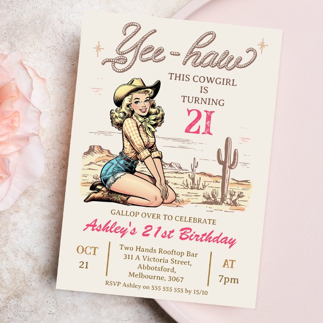 Vintage Blonde Yee-haw Cowgirl 21st Birthday Inbjudningar (Blonde Cowgirl 21st Birthday Invitation Template, Any Age Cowgirl Themed Birthday Invitation Vintage)