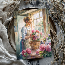 Vintage blondinsk kvinna arrangerade rosa peonies