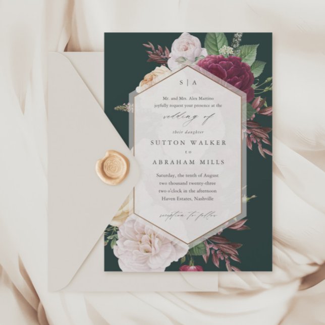 Vintage Blooms Blommig Bröllopsfest Inbjudningar (Vintage floral bouquet forest green wedding invitations.)