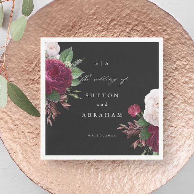 Vintage Blooms Blommigt Bröllop Pappersservett (Vintage Floral Bouquet Black Wedding Napkins.)
