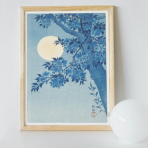 Vintage Blossoming Cherry on a Moonlit Natt Poster