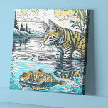 Vintage Blue and Gult Cat and Fish Games Ai Art Canvastryck<br><div class="desc">En söt kattunge som leker med en fisk i en coola genererade en bild. Söt reflektion över kten och fisk med blå vatten och gult himlar och gräs träd.</div>