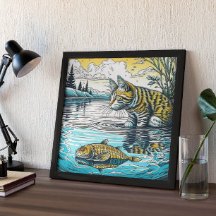 Vintage Blue and Gult Cat and Fish Games Ai Art Poster