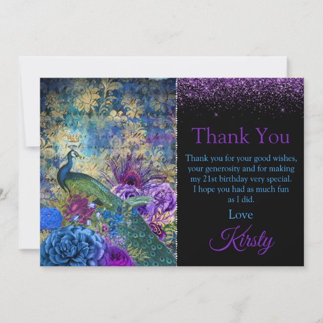 Vintage Blue and Lila Peacock Birthday Tack (Framsida)