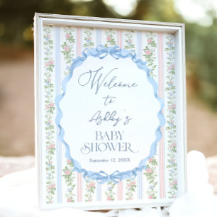 Vintage Blue and Rosa Blommigt Baby Shower Välkomm Poster
