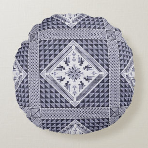 Vintage Blue and White Tatreez Mönster Rund Kudde