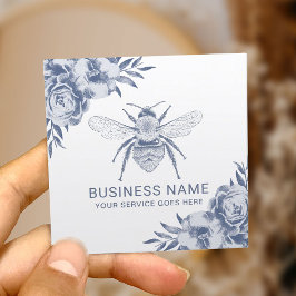 Vintage Blue Bee & Flowers Apiary Biodling Fyrkantigt Visitkort