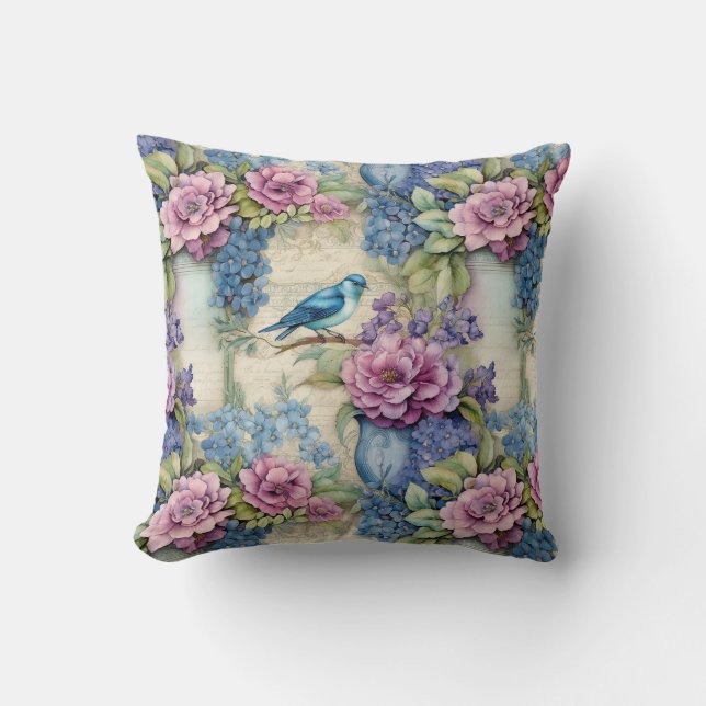 Vintage Blue Bird and Flowers Sergranat Kudde (Framsida)