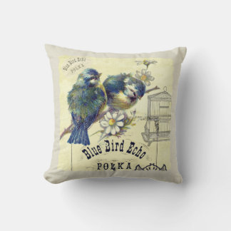 Vintage Blue Bird Birdcage Collage Kudde