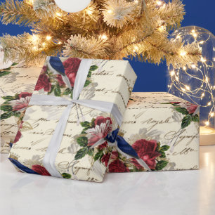 Vintage Blue Bird Blommigt jul Presentpapper