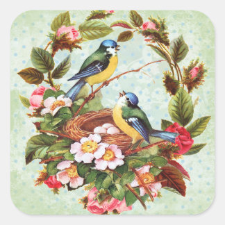 Vintage Blue Bird Floral Stickers Fyrkantigt Klistermärke