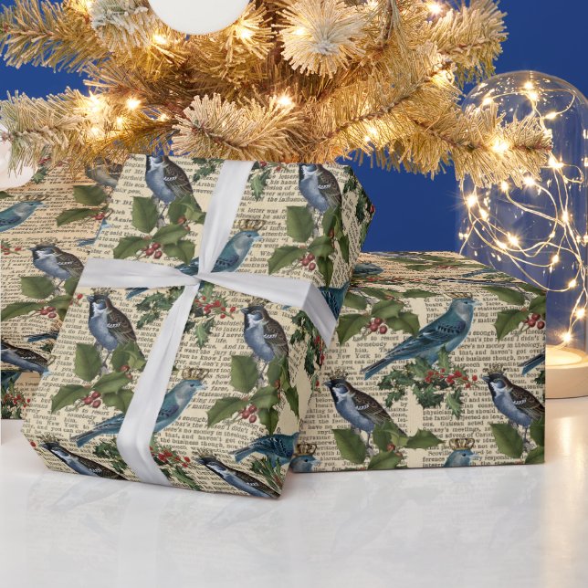 Vintage Blue Bird Holly Newsprint jul  Presentpapper (Helgdagar)