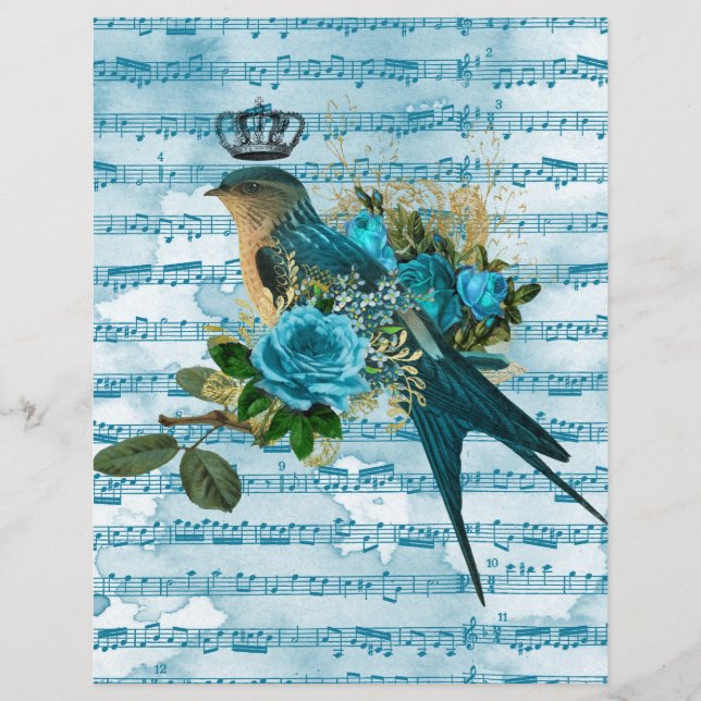 Vintage Blue Bird på Lakan Music Scrapbook Papper (Framsida)