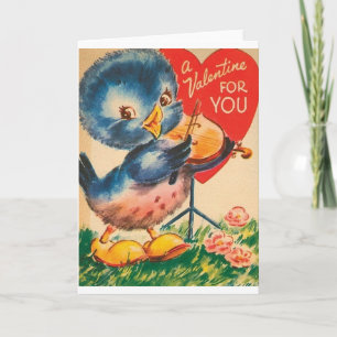Vintage Blue Bird Violin Valentine Day Card Helgkort