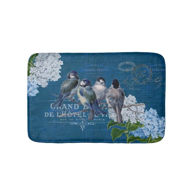 Vintage Blue Birds Flowers Fransk Bath Mat Badrumsmatta (Framsidan)