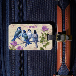 Vintage Blue Birds, Lila blommor, Beige Music Bagagebricka