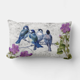 Vintage Blue Birds Lila blommor Grått Lakan Music Lumbarkudde