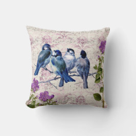 Vintage Blue Birds, Lila blommor, Lavender Music Kudde