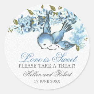 Vintage Blue Birds Winter Wedding Treat Favor Runt Klistermärke