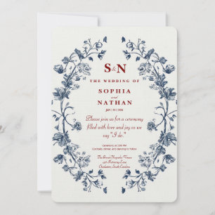 Vintage Blue Blommigt Bröllop med Rustic Charm Inbjudningar