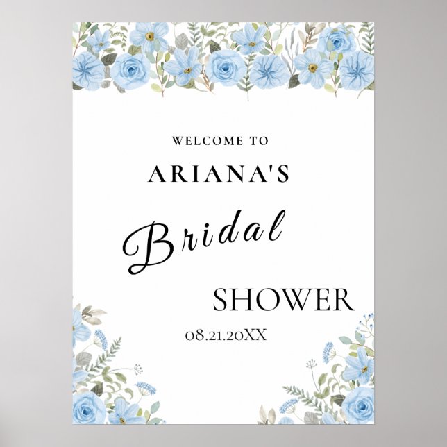 Vintage Blue Blommigt Bröllop-tecken Poster (Framsidan)