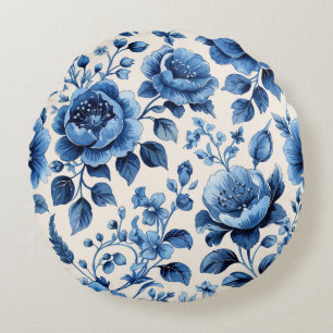 Vintage Blue Blommigt Elegance Rund Kudde
