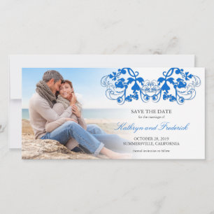 Vintage Blue Blommigt Flourish Photo Save Date Spara Datumet