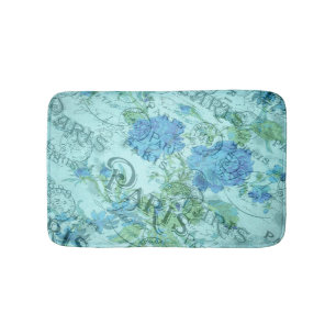 Vintage Blue Blommigt Fransk Paris Postmark Mönst Badrumsmatta