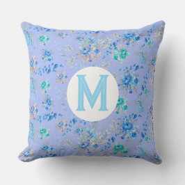 Vintage Blue Blommigt Monogram Kudde