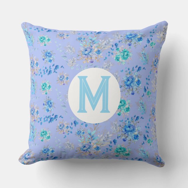Vintage Blue Blommigt Monogram Kudde (Framsida)